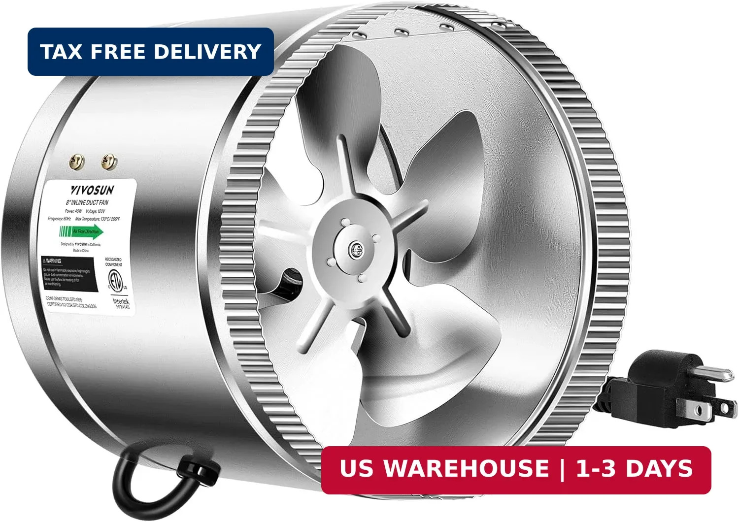 8 Inch Inline Duct Fan 420 CFM, HVAC Exhaust Ventilation Fan with Low No