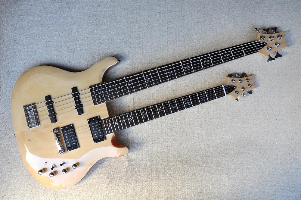 Custom Double Neck Natural wood color Electric Guitar With 6+5 String Bass