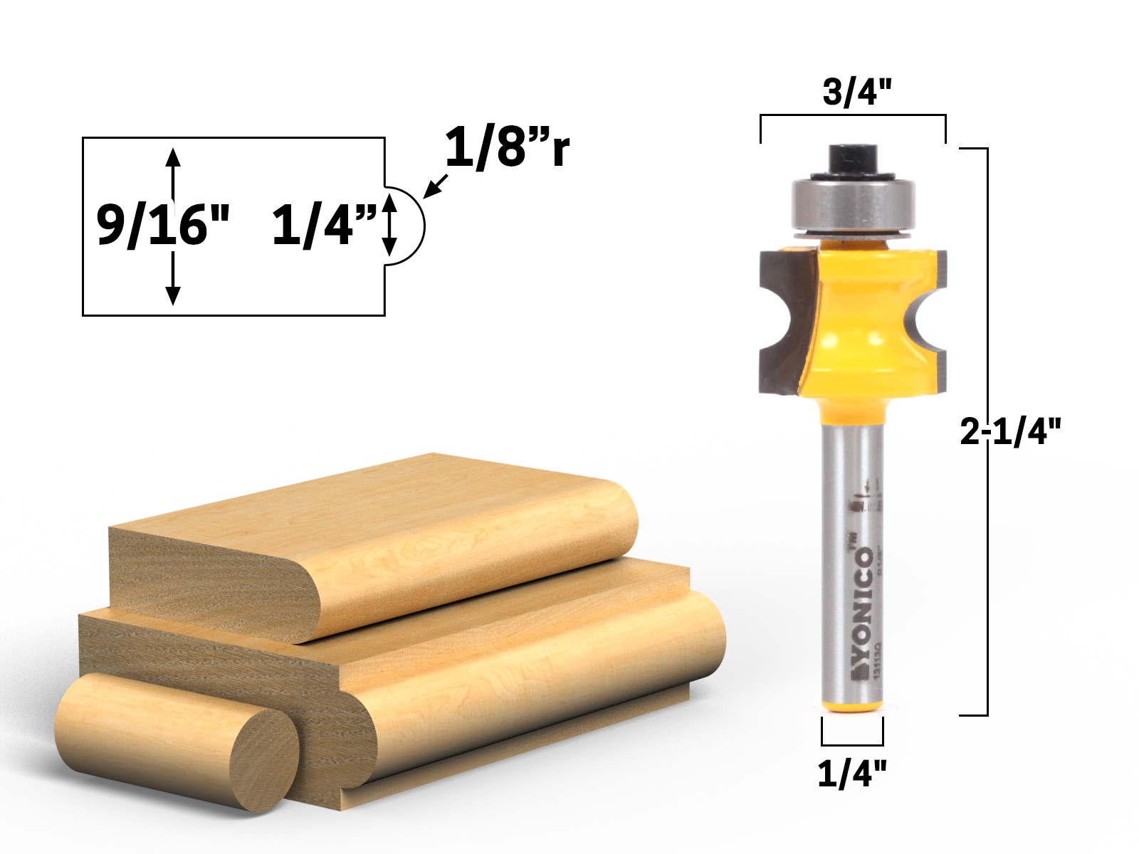1/8" Radius Bullnose Router Bit - 1/4" Shank - Yonico 13113q