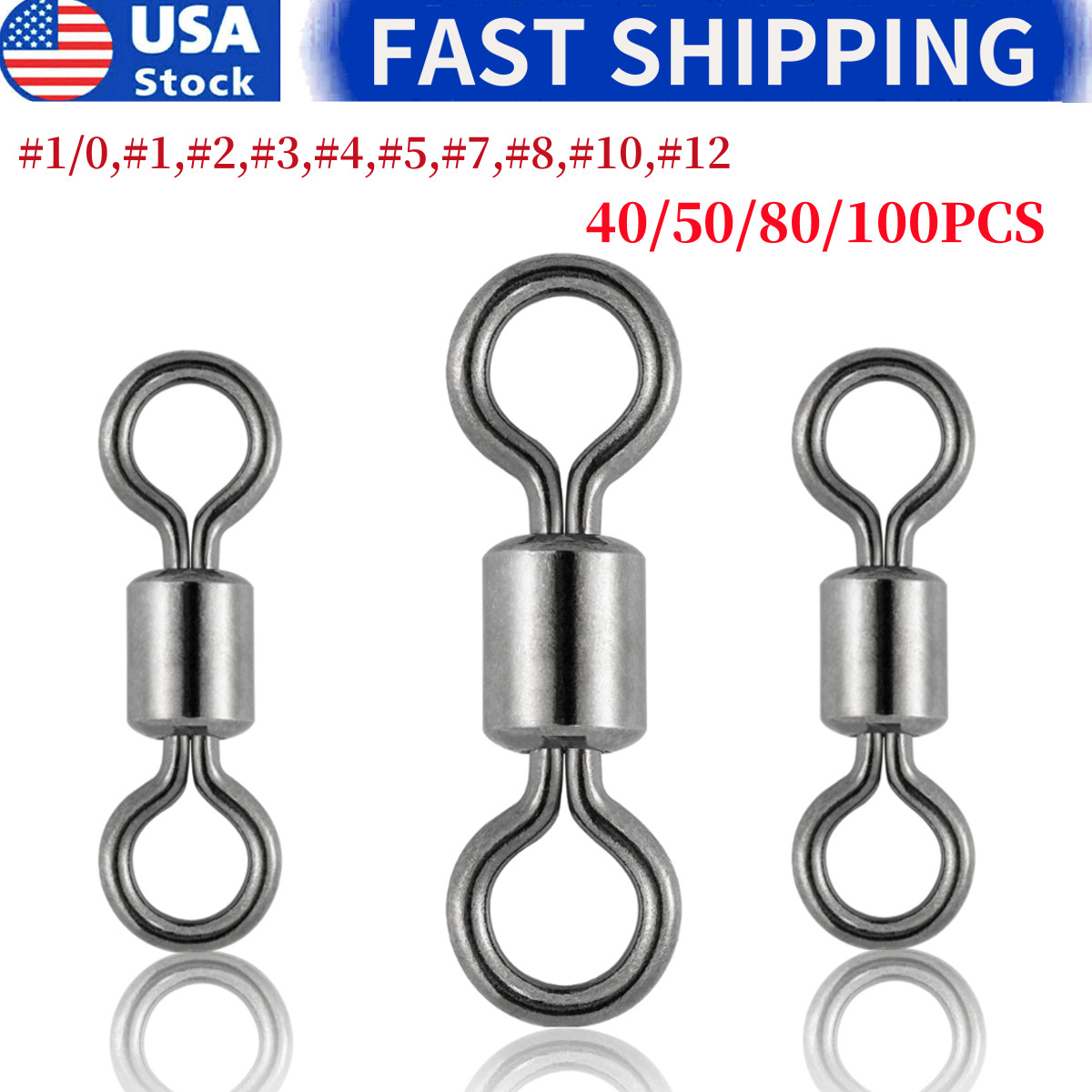 50/100pcs Rolling Barrel Swivels 20-330LB Fishing Swivel Solid Ring Lures Tackle