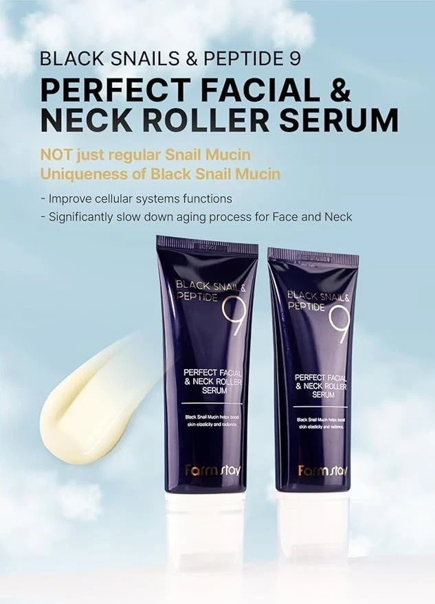 FARMSTAY Black Snail Peptide 9 Perfect Facial & Neck Roller Serum 100ml/3.38oz