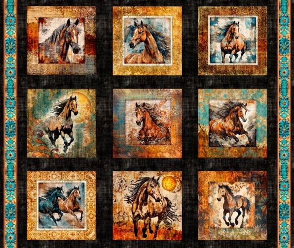 Born to Run Wild Horse Picture Patches Horse Black 36x44 Cotton Fabric Panel