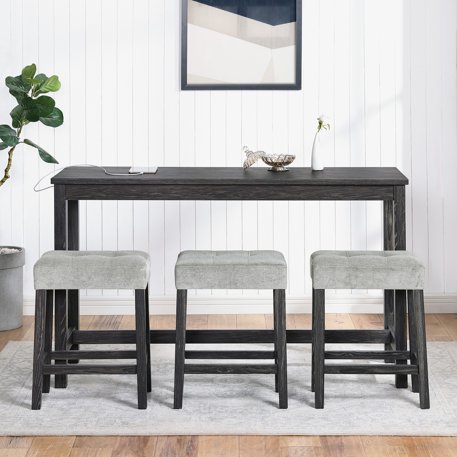 Bar Table Set w/ Power Outlet 4pcs Dining Table Industrial Breakfast Table