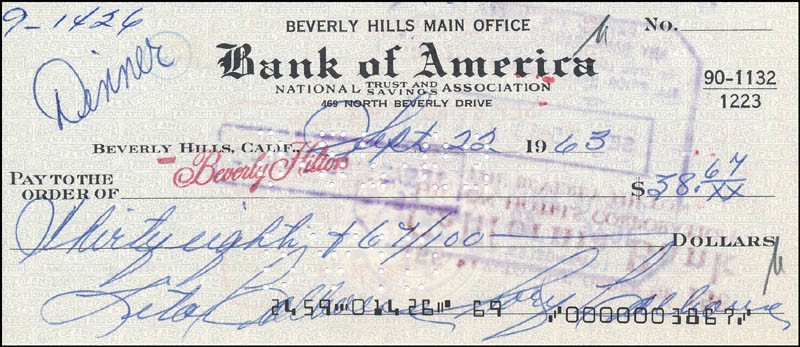 RORY CALHOUN - CHECK SIGNED 09/22/1963