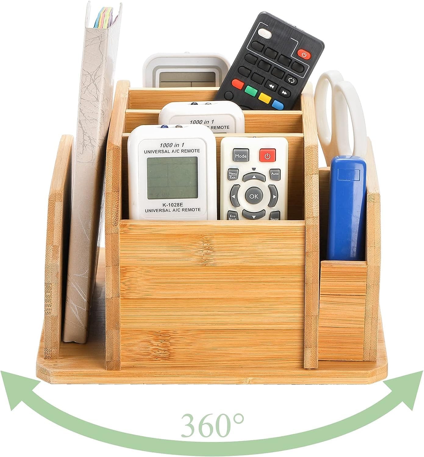 Bamboo Rotating Remote Control Holder for Table 7 Compartments Office Supplies