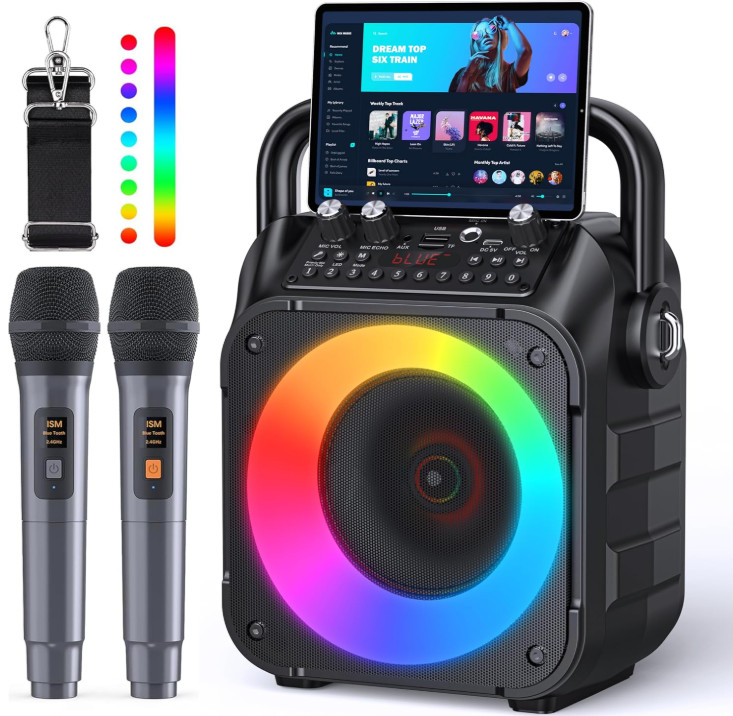 Karaoke Portátil Bluetooth 2 Micrófonos Luces USB TF FM AUX Sistema PA, Nuevo