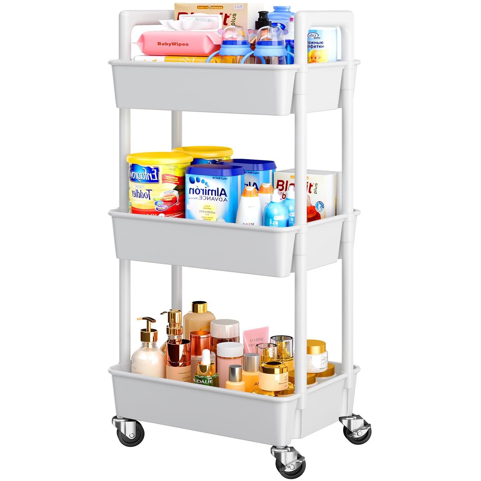 3 Tier Rolling Cart Organizer, Plastic Rolling Cart with Lockable