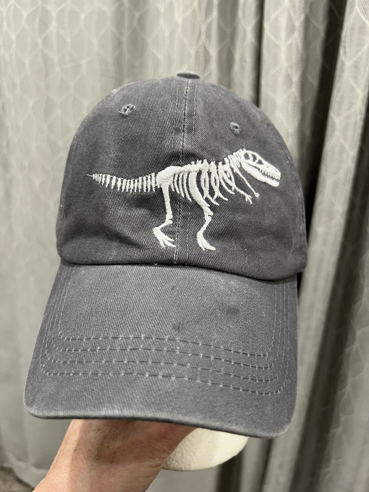 Waldeal Brand Gray 100% Cotton OSFA Embroidered T-Rex Bones on Front. Adj EUC