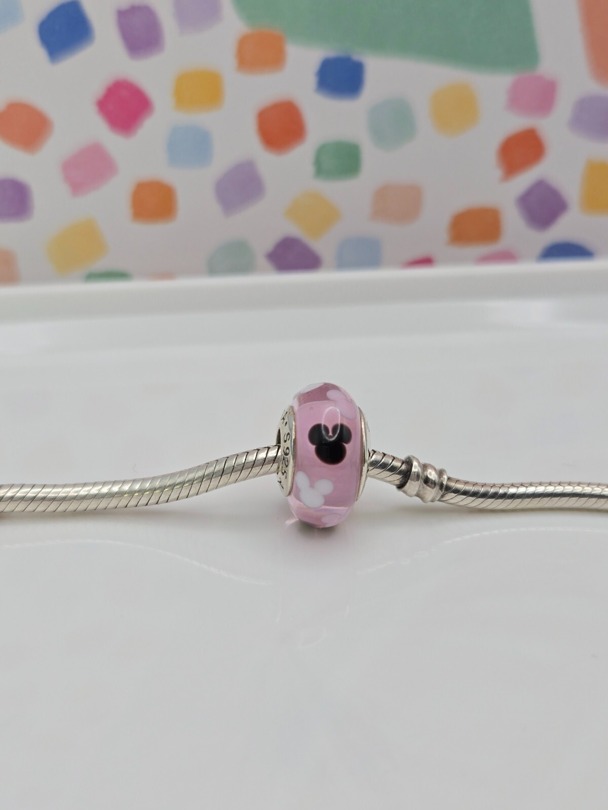 Authentic Pandora Disney Mickey Mouse Parks Pink Icon Murano glass Silver Charm