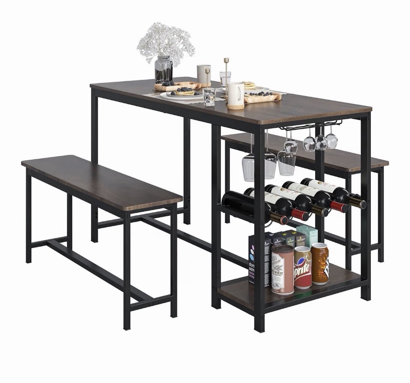 3-Piece Rectangular Dining Table Set w/ 2 Benches, Wine Rack, 2 Shelves