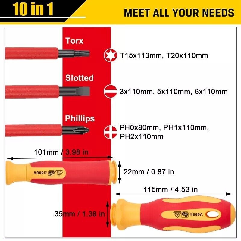 Insulated Screwdriver Set Magnetic Torx & Phillips Tips Electrician Repair Tool