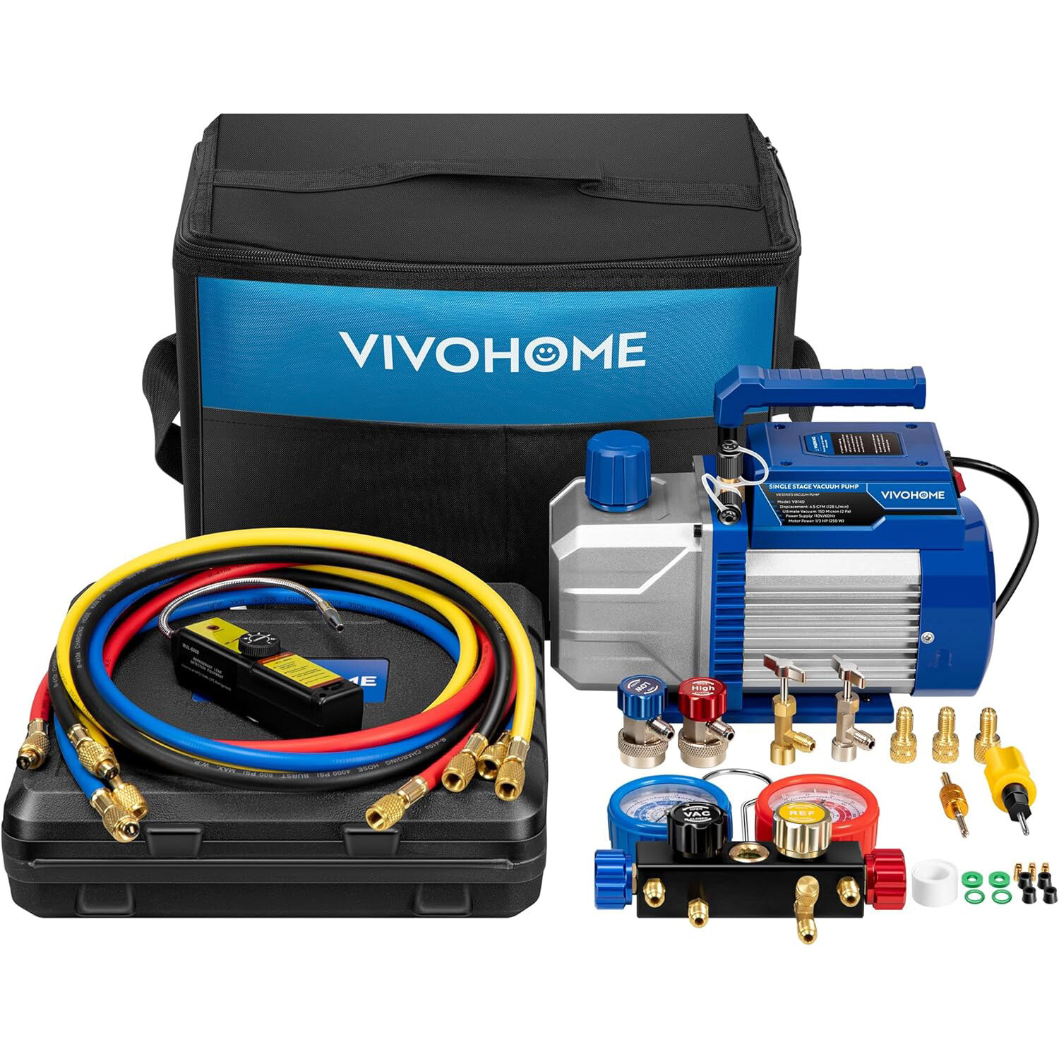 4.5CFM 1/3HP HVAC AC Vacuum Pump Kit w/ 4Way Manifold Gauge Leak Detector R134a
