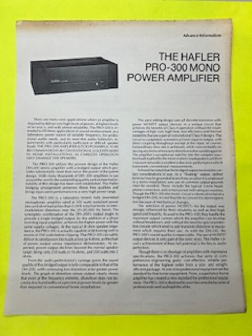 Hafler PRO-300 Original Advance Information Sheet Free Shipping
