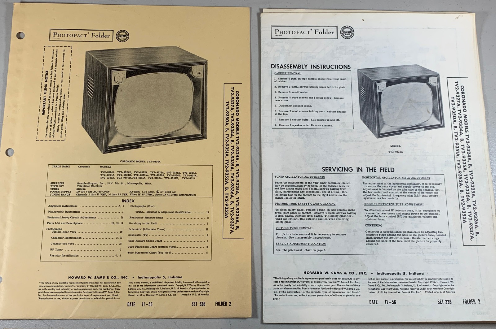 1956 Coronado TV Various Models Photofact Folder Service Manual Parts Repair
