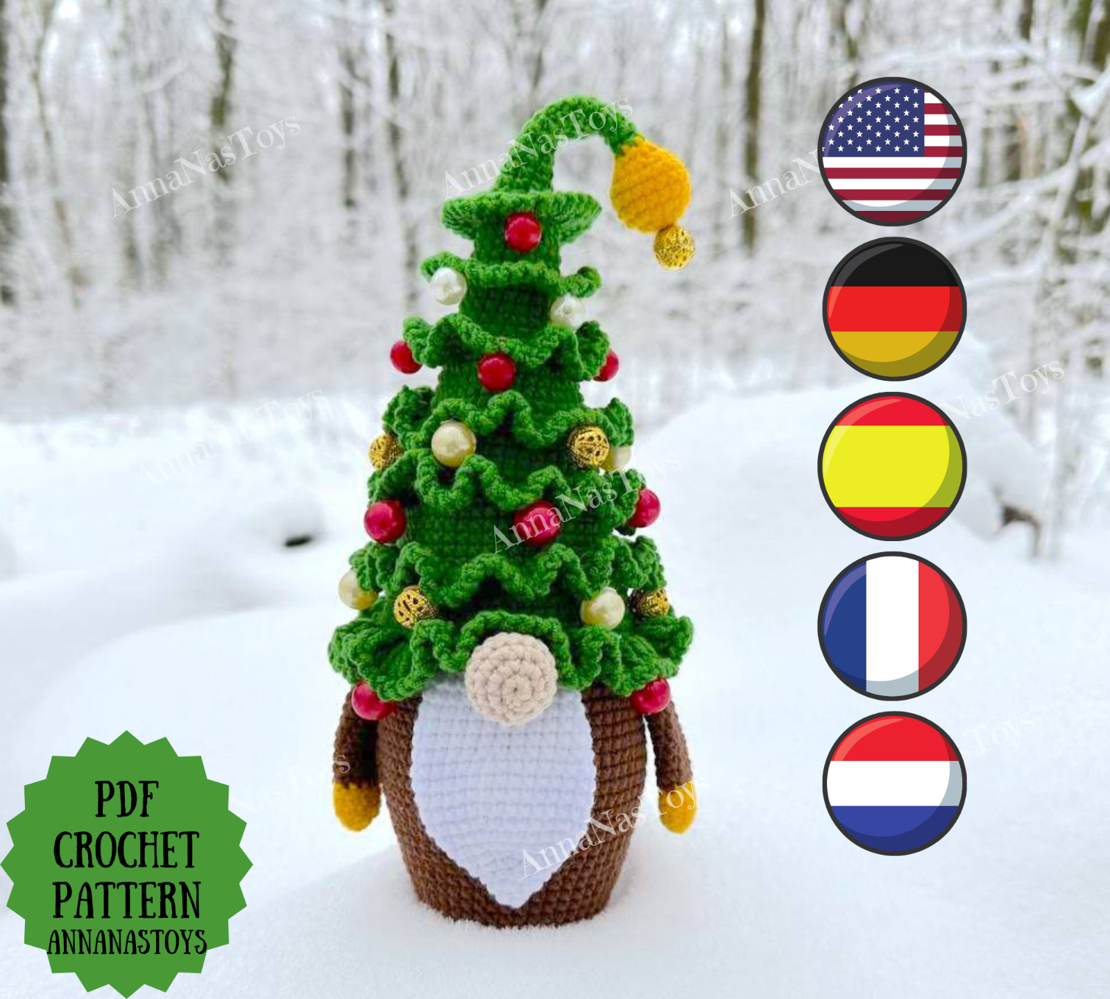 Сhristmas tree gnome, Crochet gnome amigurumi PDF pattern, Сhristmas gnome