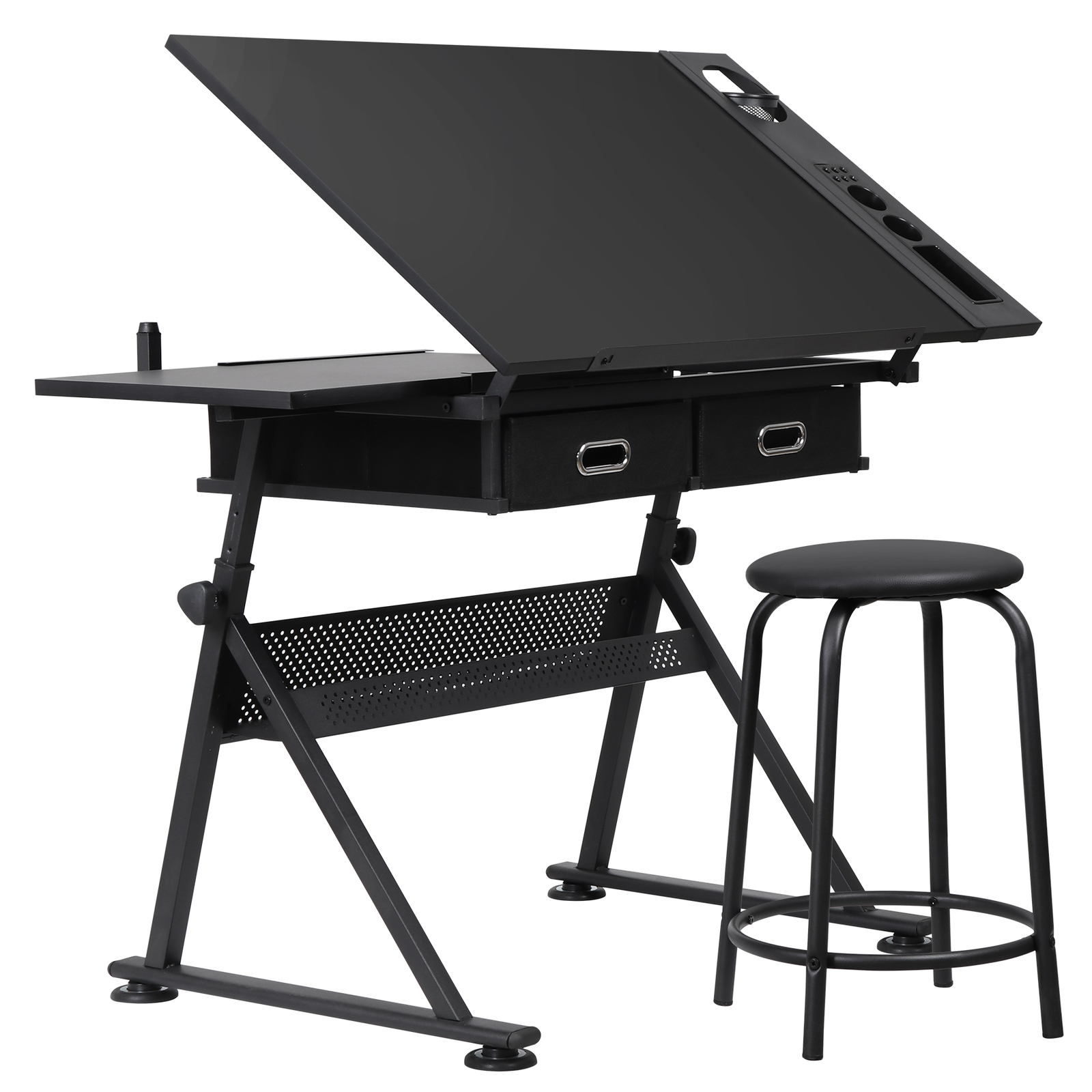 Drafting Table Adjustable Drawing Artist Desk Tilted Tabletop w/2 Drawers Stool