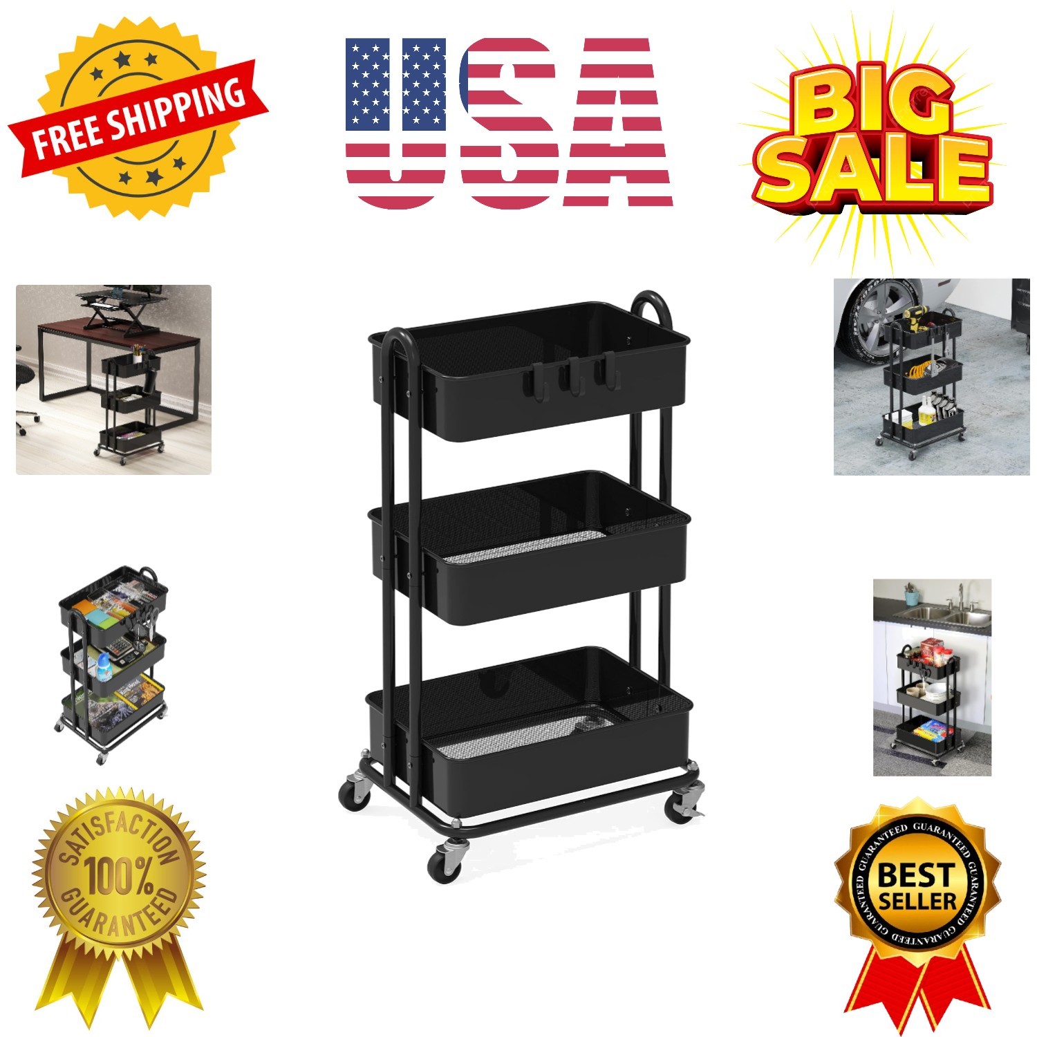 3-Tier Heavy Duty Metal Utility Rolling Cart, Black