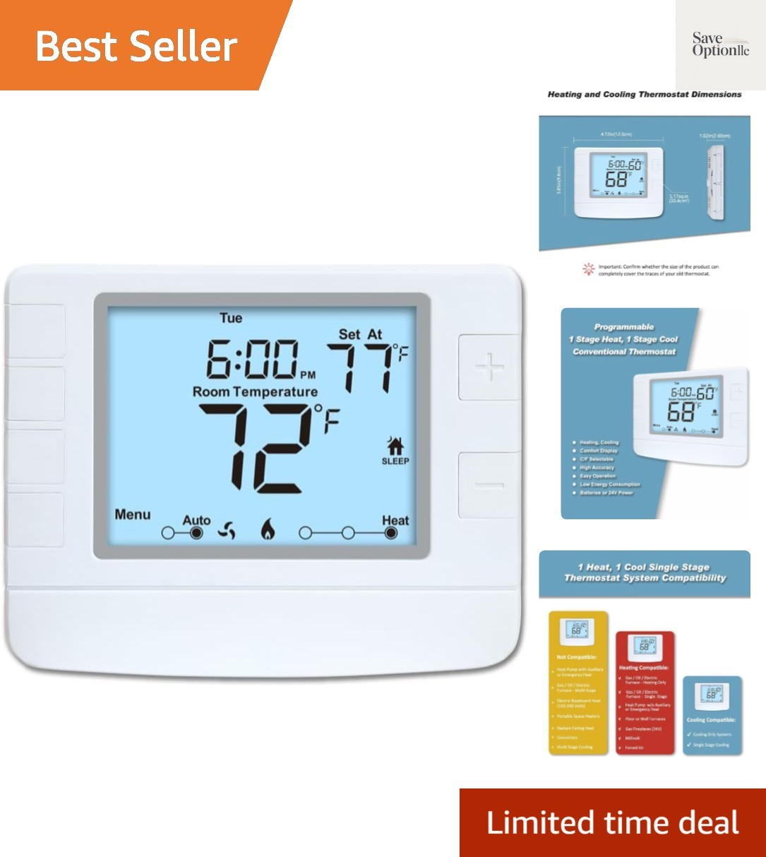Programmable Thermostat for House, 1 Heat/1 Cool, Extra Large Display, White ...