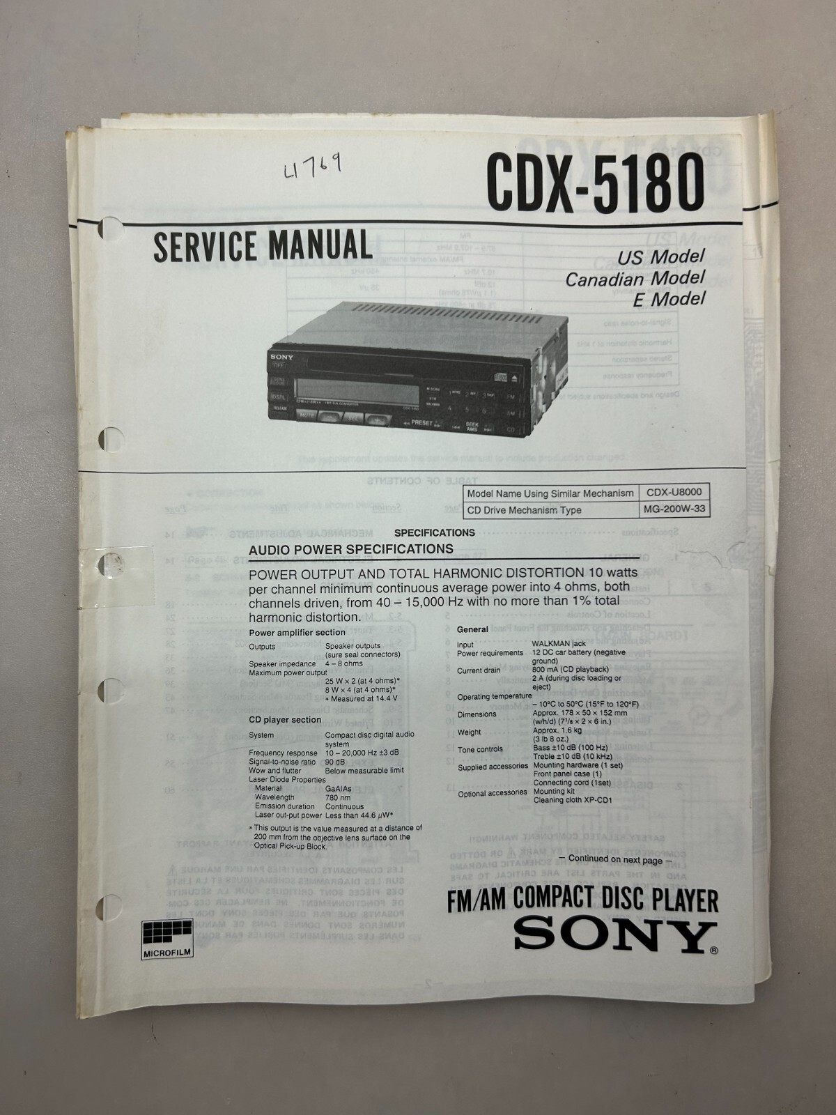 Sony CDX-5180 Original Service Manual Free Shipping