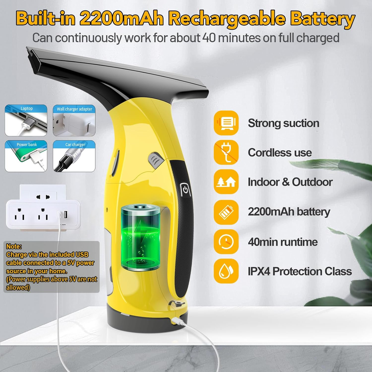 Rechargeable Window Vac, Electric Window Vacuum Squeegee, with 11 in. and 6.7 in
