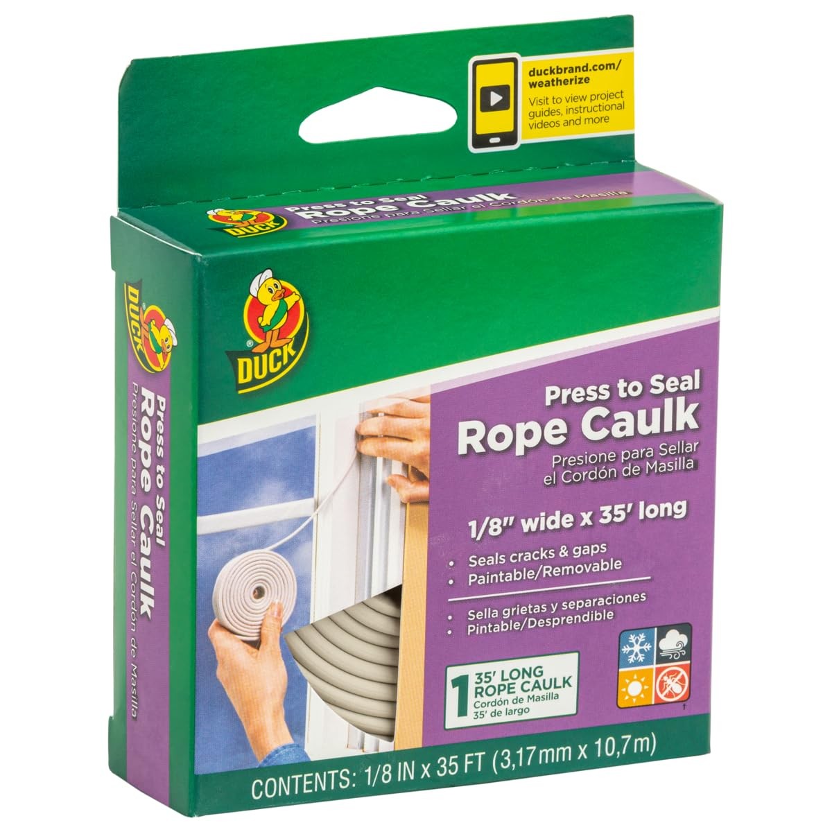 Duck Brand Press to Seal Rope Caulk, White, 1/8-Inch Wide x 35-Feet Long, Single