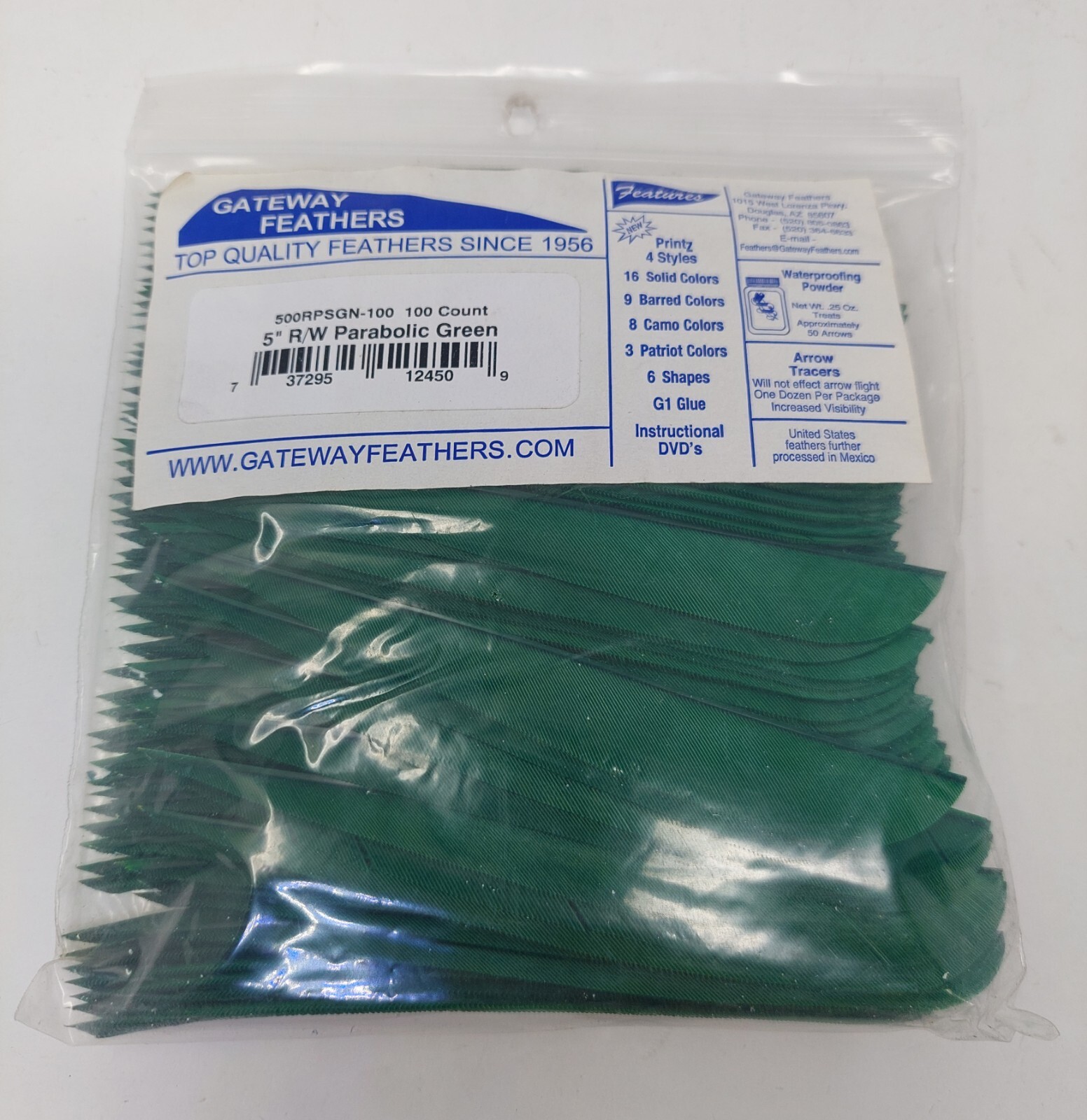 100pk Gateway Feathers 5" Right Wing: Parabolic Green 500RPSGN-100
