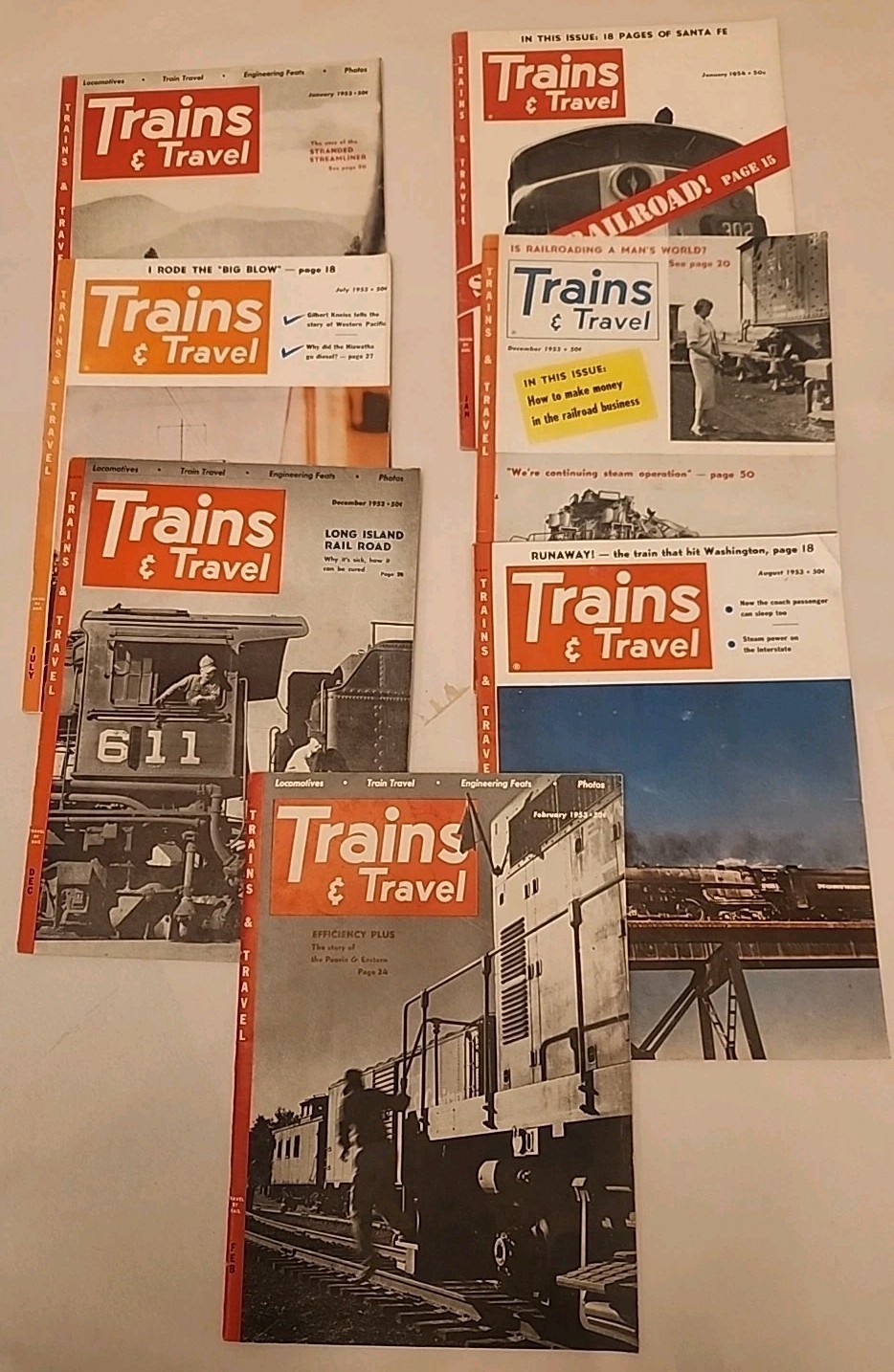 Trains and Travel Magazine 7 Assorted Issues 1952- 54 Steam Locomotive Railroad