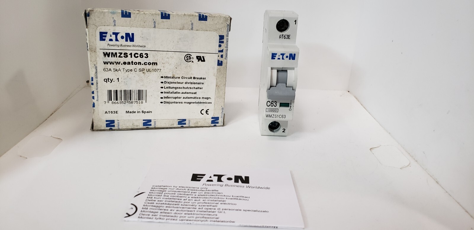 EATON WMZS1C63 (FAZ-C63-1-SP) CIRCUIT BREAKER, 1 POLE, 63A, 277VAC, TYPE C, NIB