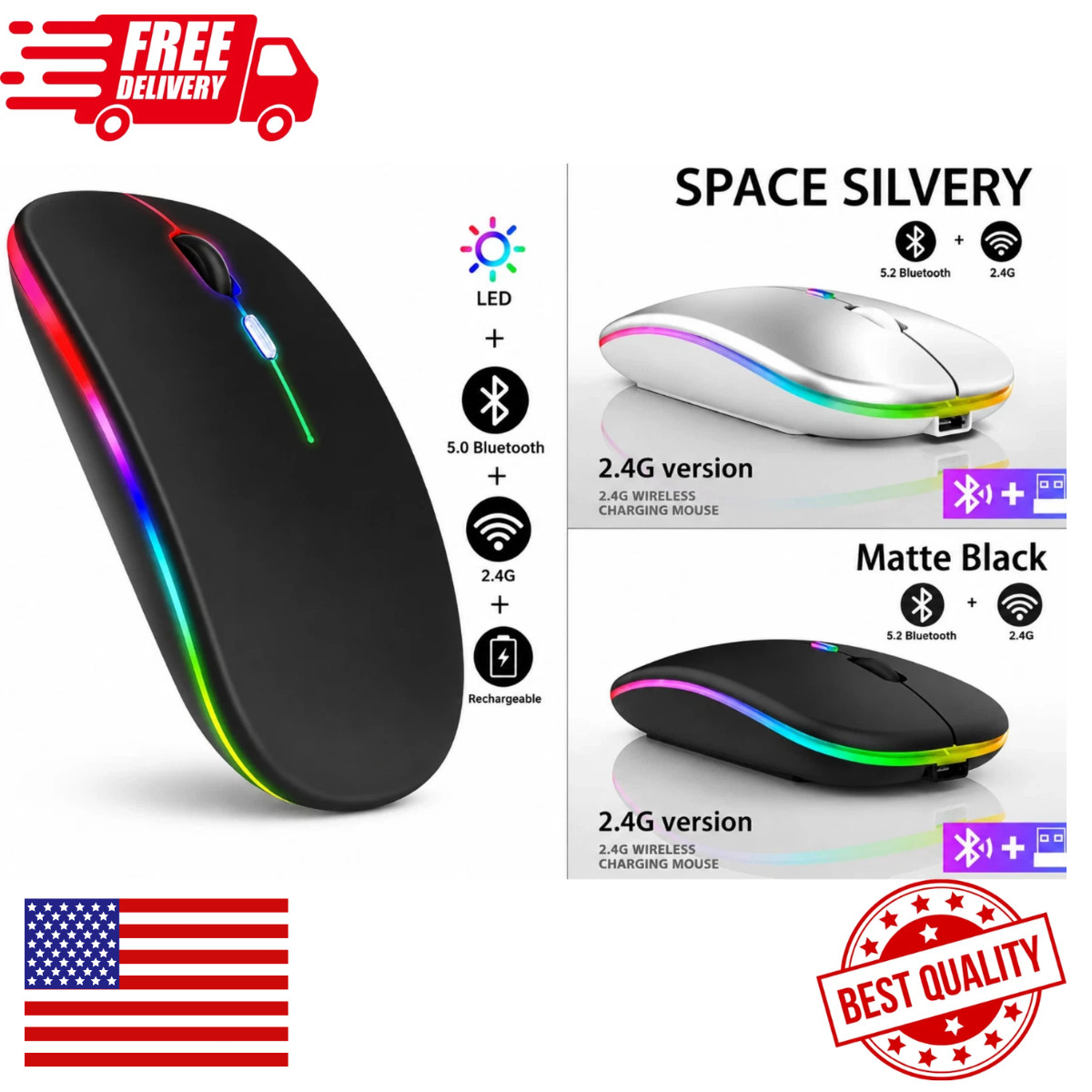 2.4GHz Wireless Optical Mouse USB Rechargeable RGB Cordless Mice For PC Laptop