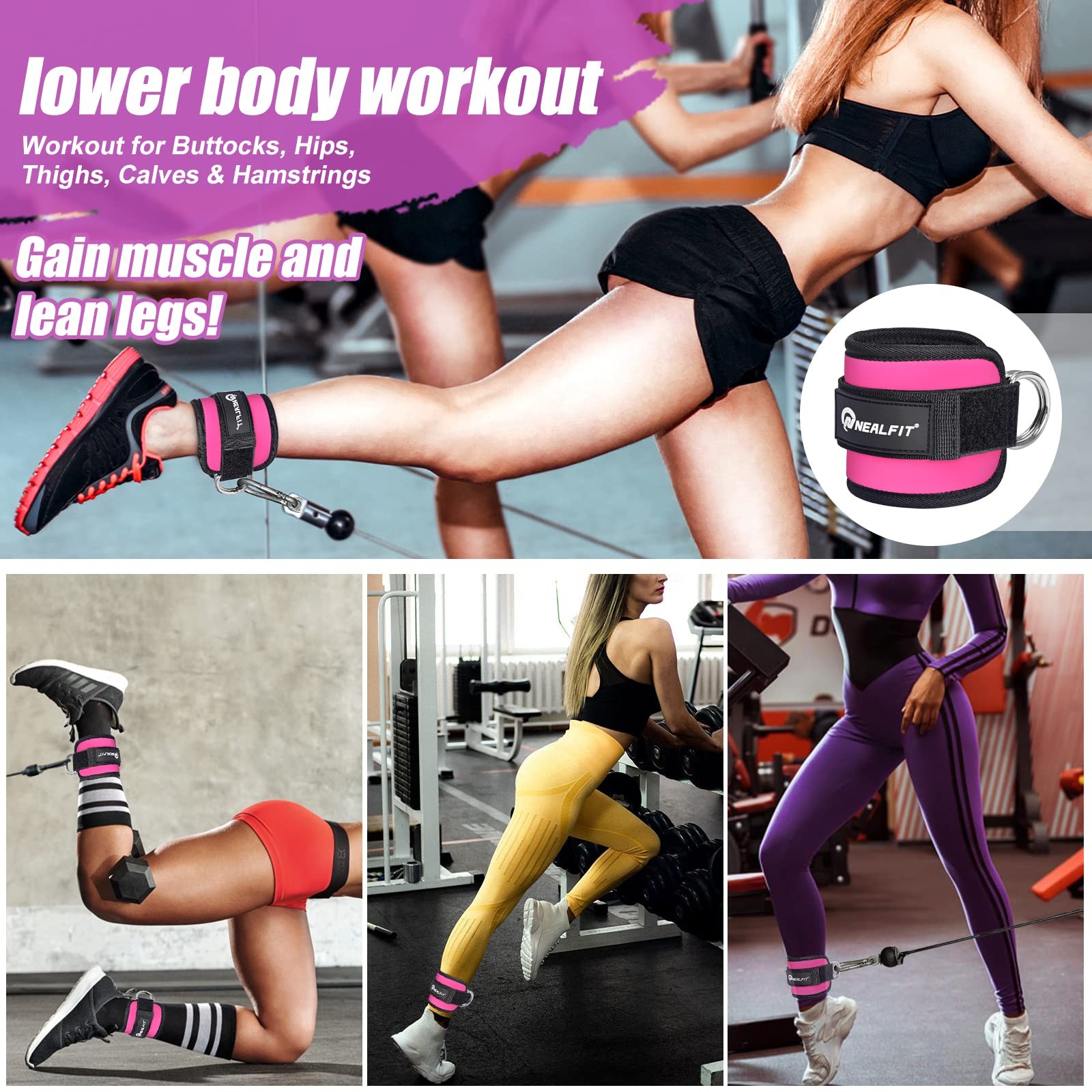 NEALFIT Ankle Strap for Cable Machine, Gym Cuff Single, Pink