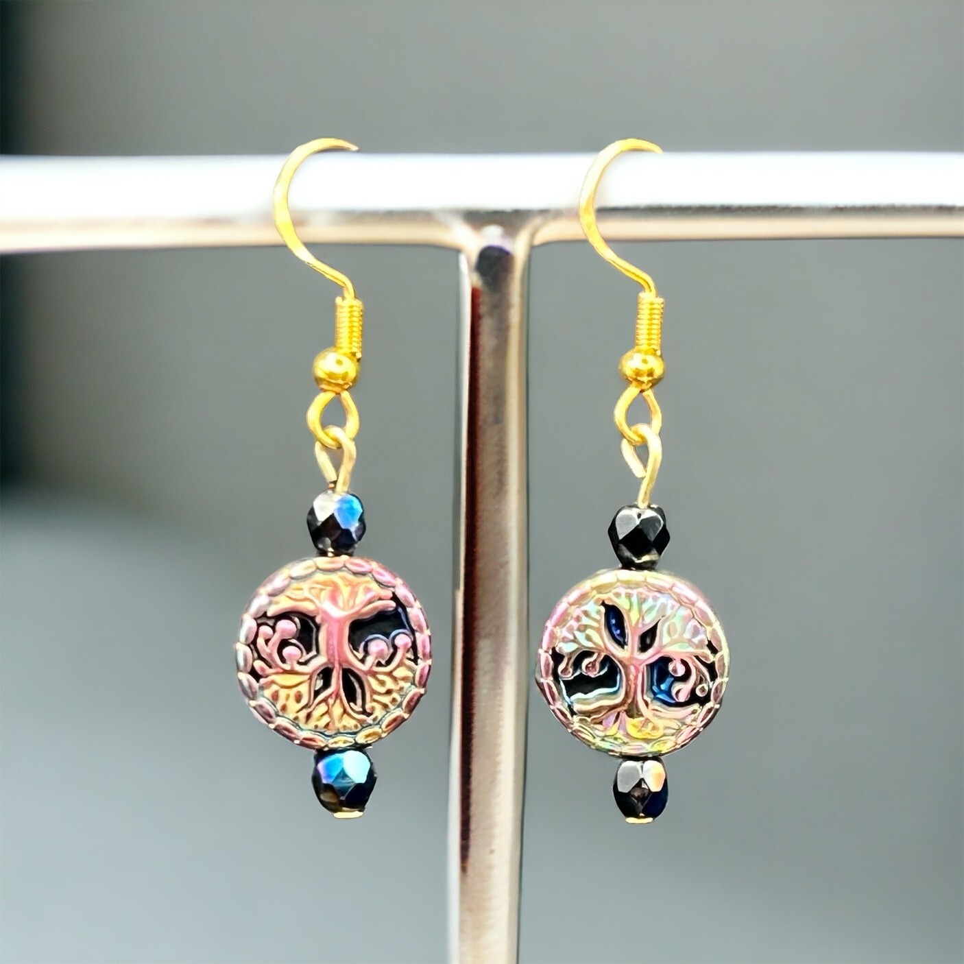 Handmade Tree of LIfe earrings-Iridescent colors ranging from purple to green