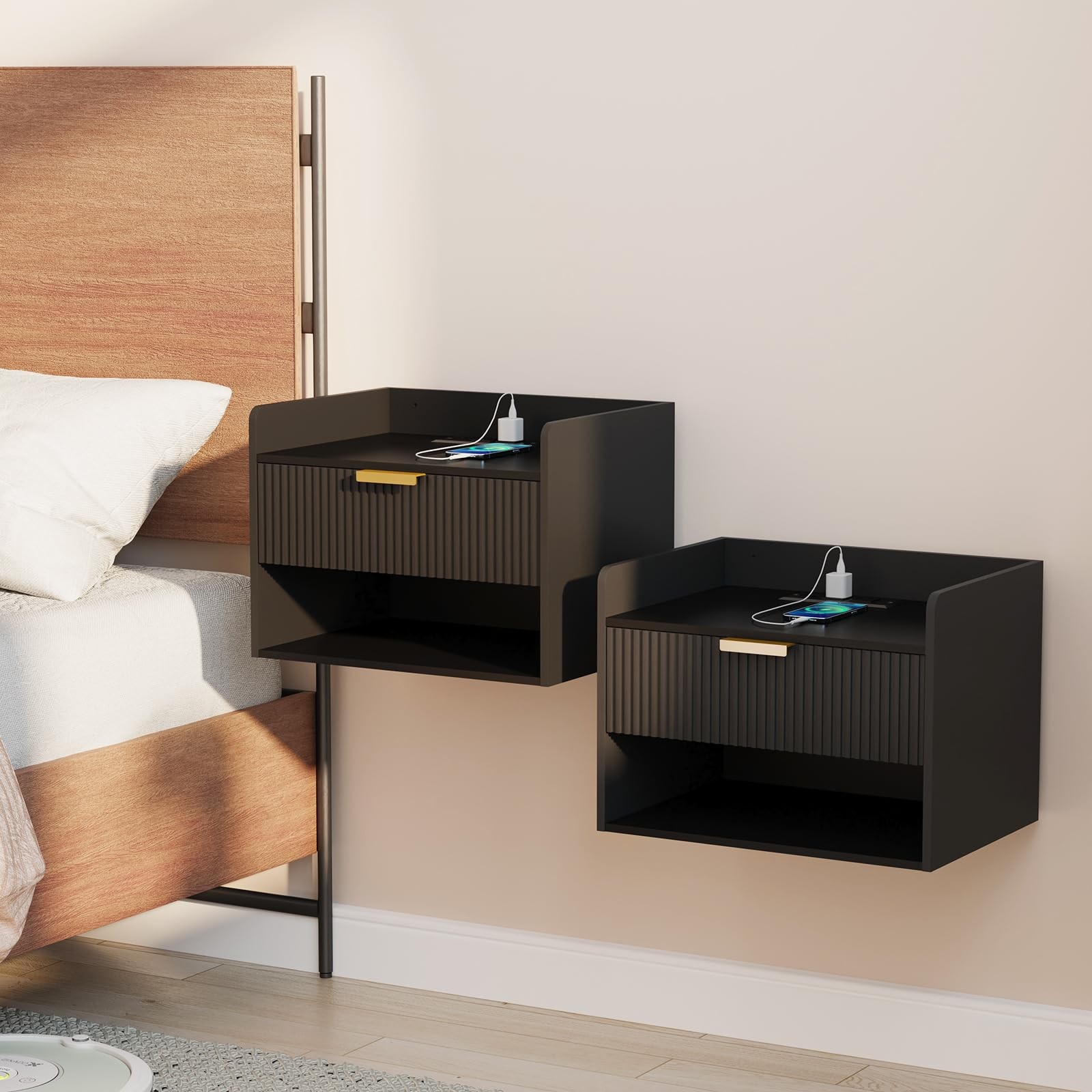 Floating Nightstand Set of 2, Wall Mounted Nightstand with Charging Station, ...