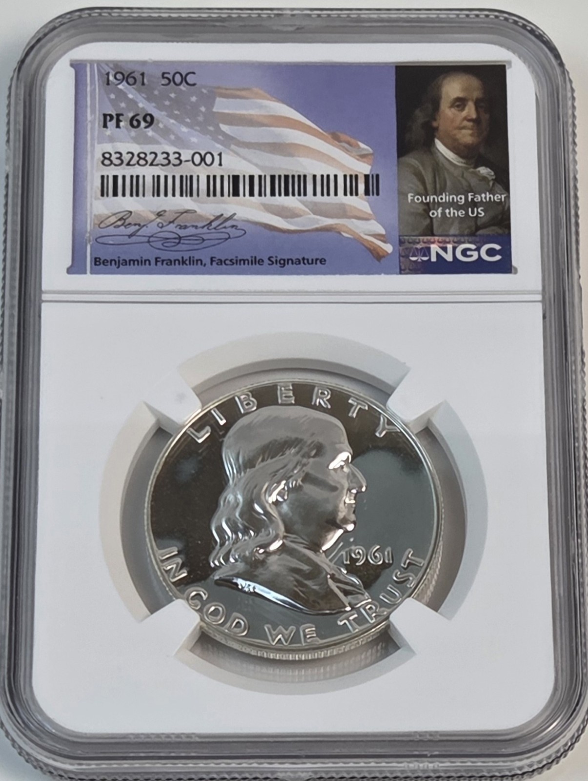 1961 Ben Franklin 50 C NGC PF 69 90% Silver Facsimile Signature Portrait Label