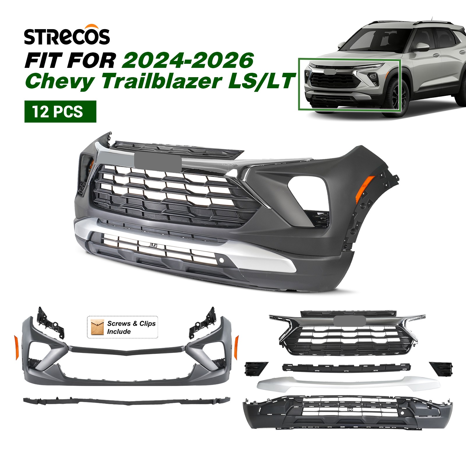 Front Bumper Cover Grille Assembly Grill Kit Set For 2024-2026 Chevy Trailblazer