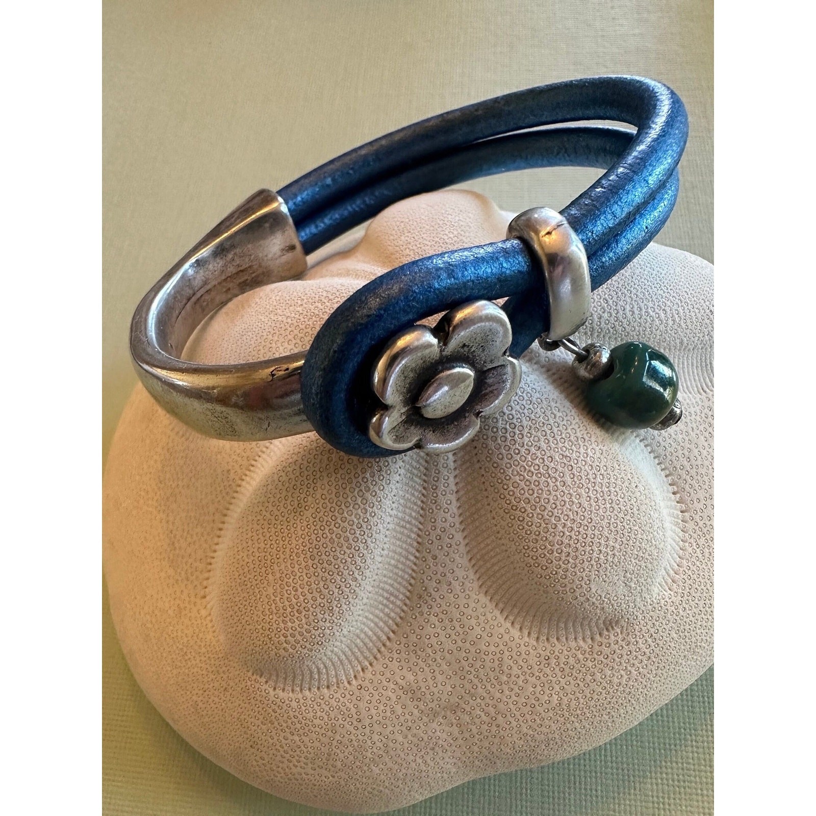 Blue Leather Bracelet with Metal Flower Hook Clasp and Bead Accent
