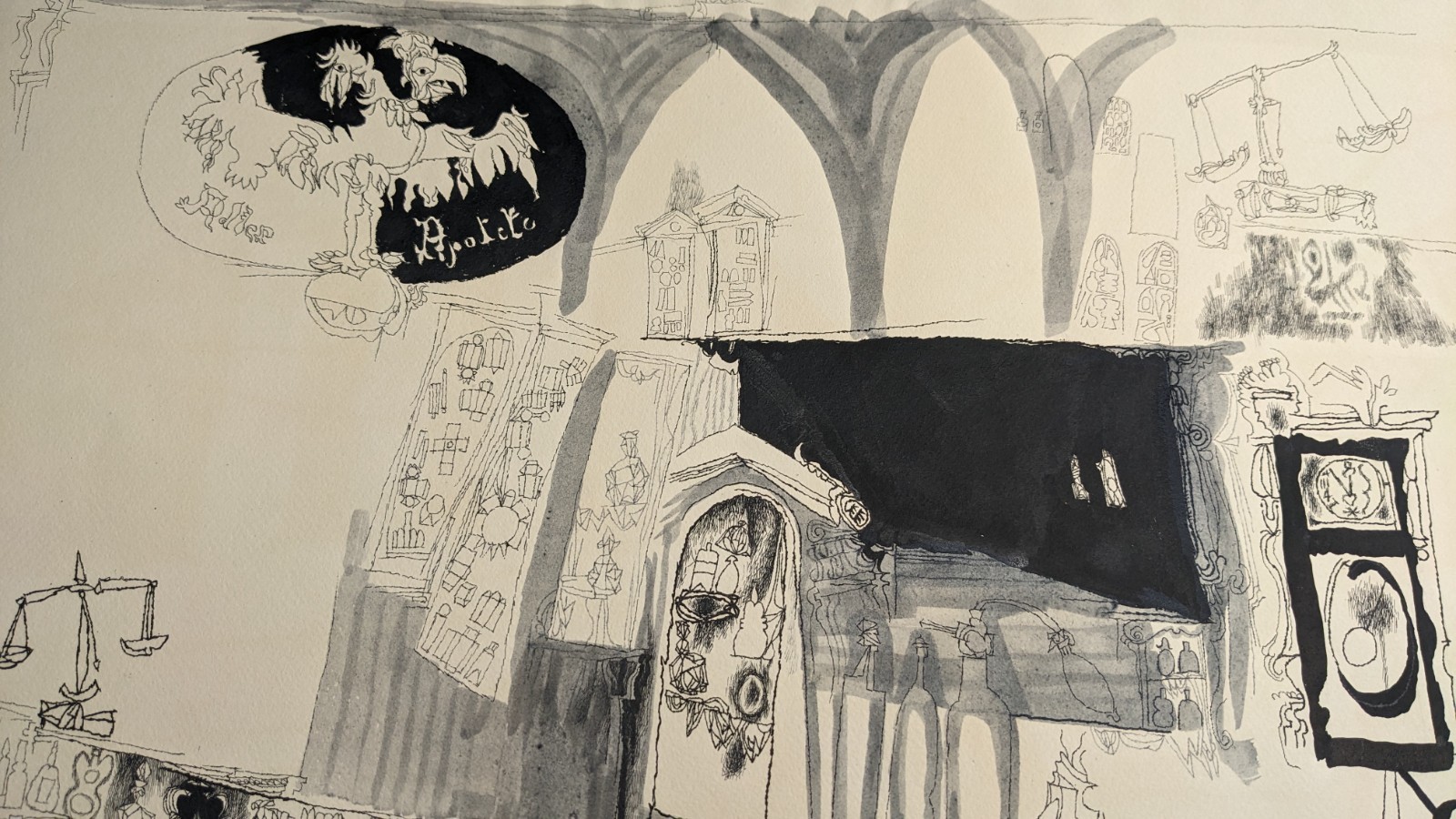 Fritz Kreidt, abstract room composition, drawing, unsigned