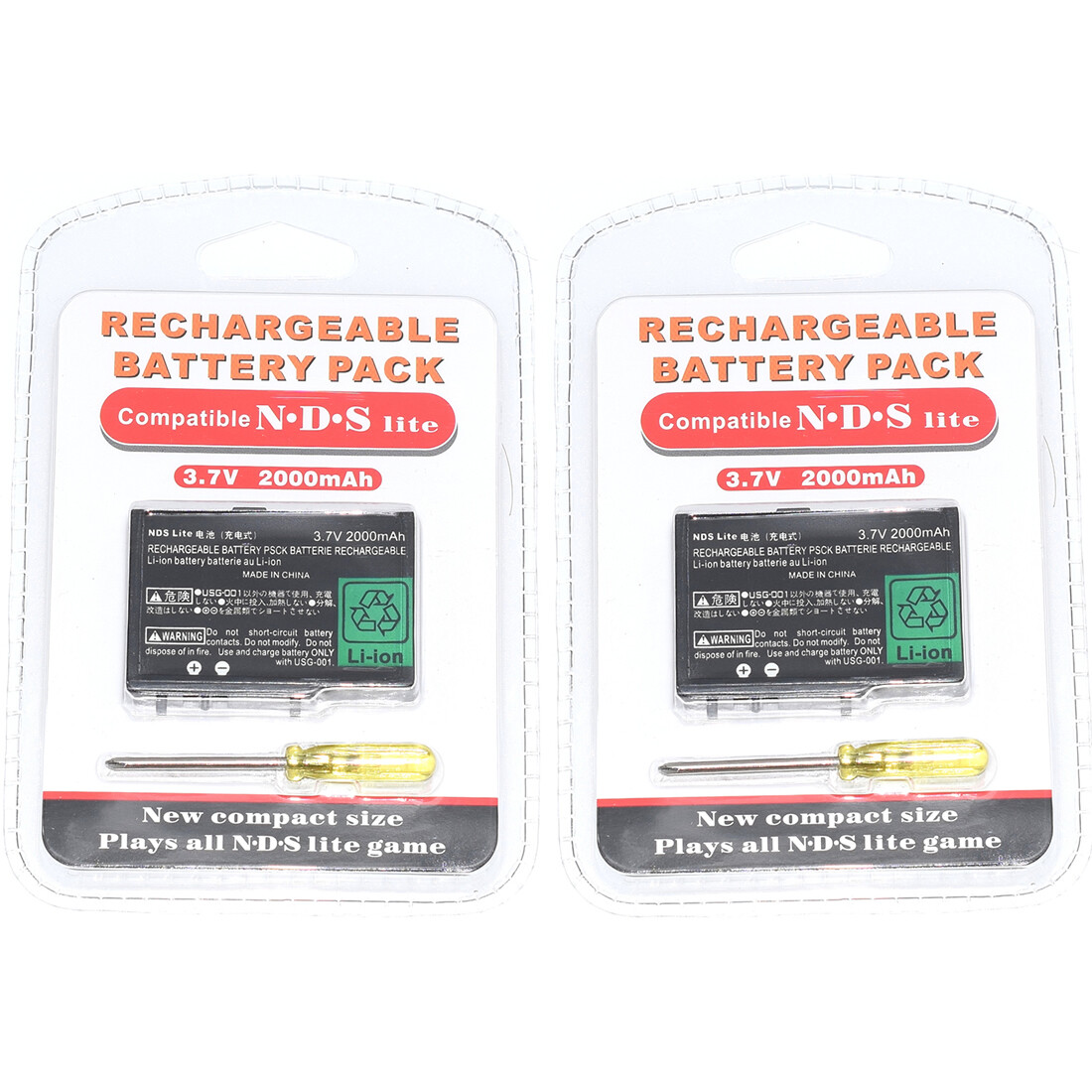 TWO (2) PACK Replacement Battery 2000mAh Nintendo DS Lite NDSL +Screwdriver