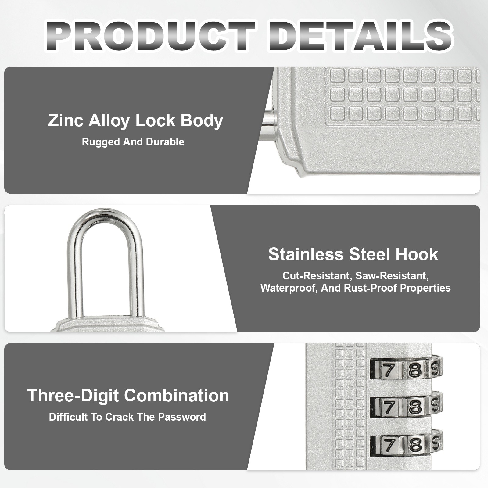 Combination Padlock (Small, Silver)(2 Pcs), 3-Digit Shackle Code Locks