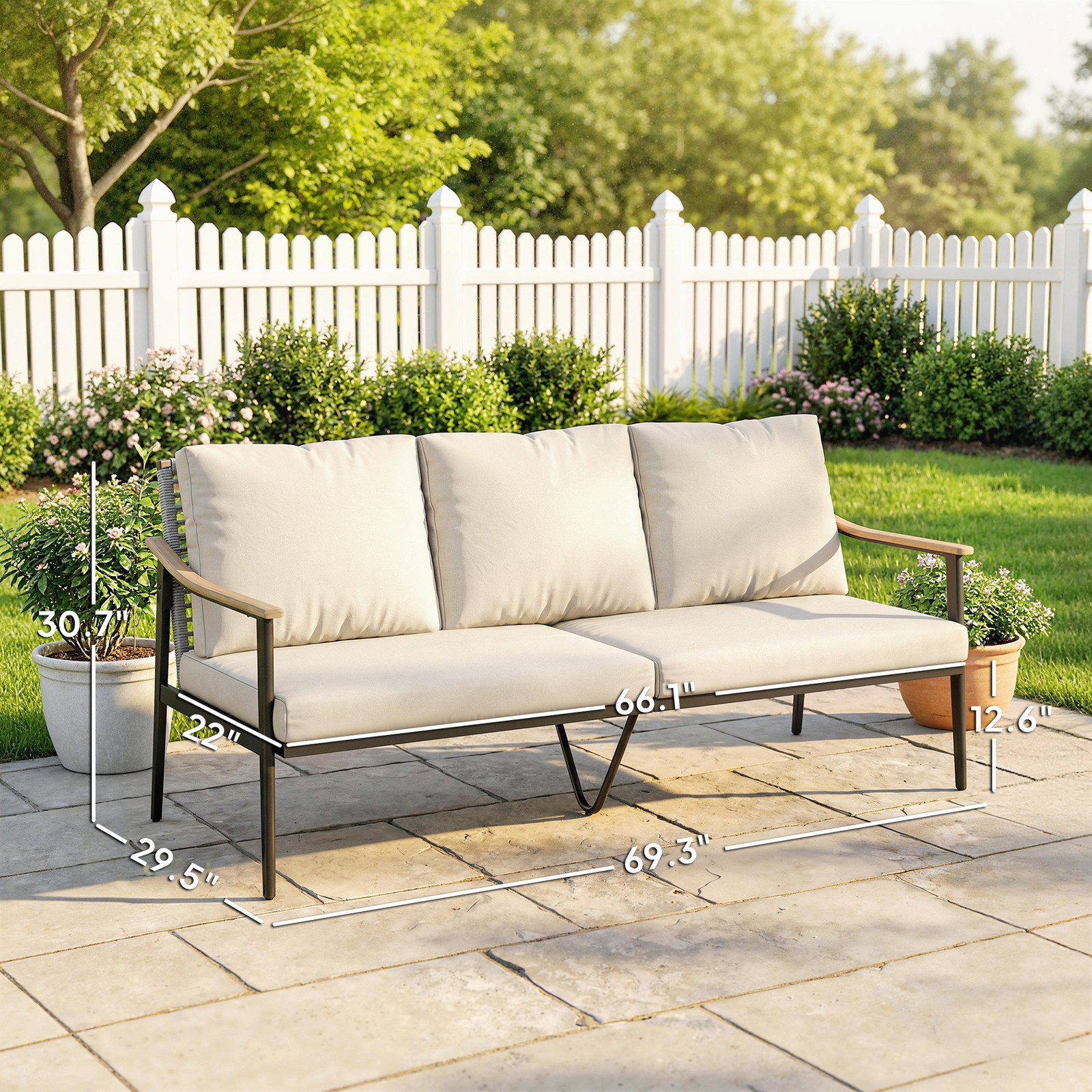 Outsunny 3 Seater Outdoor Couch Patio Sofa with Cushions, Khaki