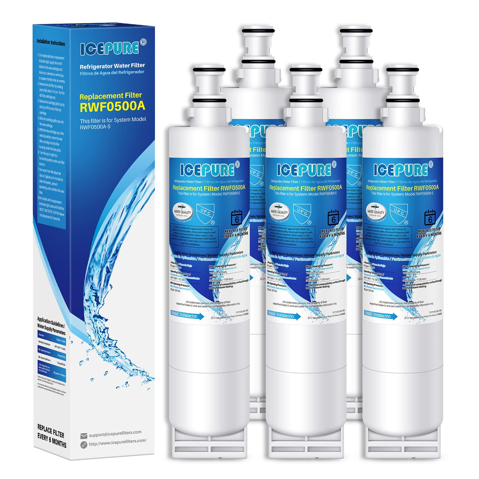RWF0500A Refrigerator Water Filter Replacement for 9010 filter, 5PACK, ICEPURE