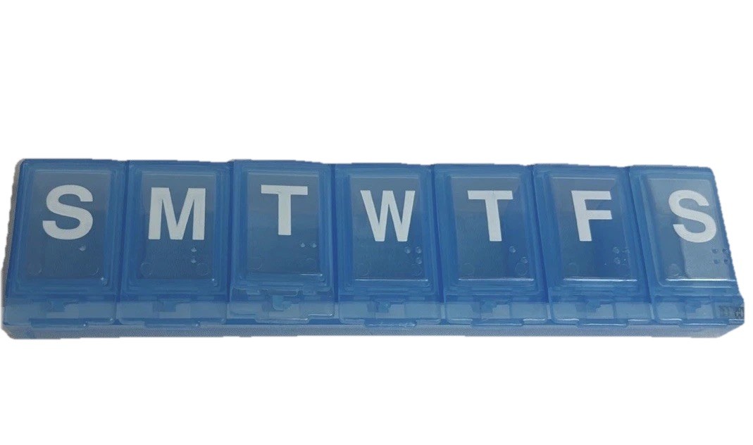 Excellent One Week 7 Day Blue See Thru Plastic 7.5" Pill Box w Push Snap Lids