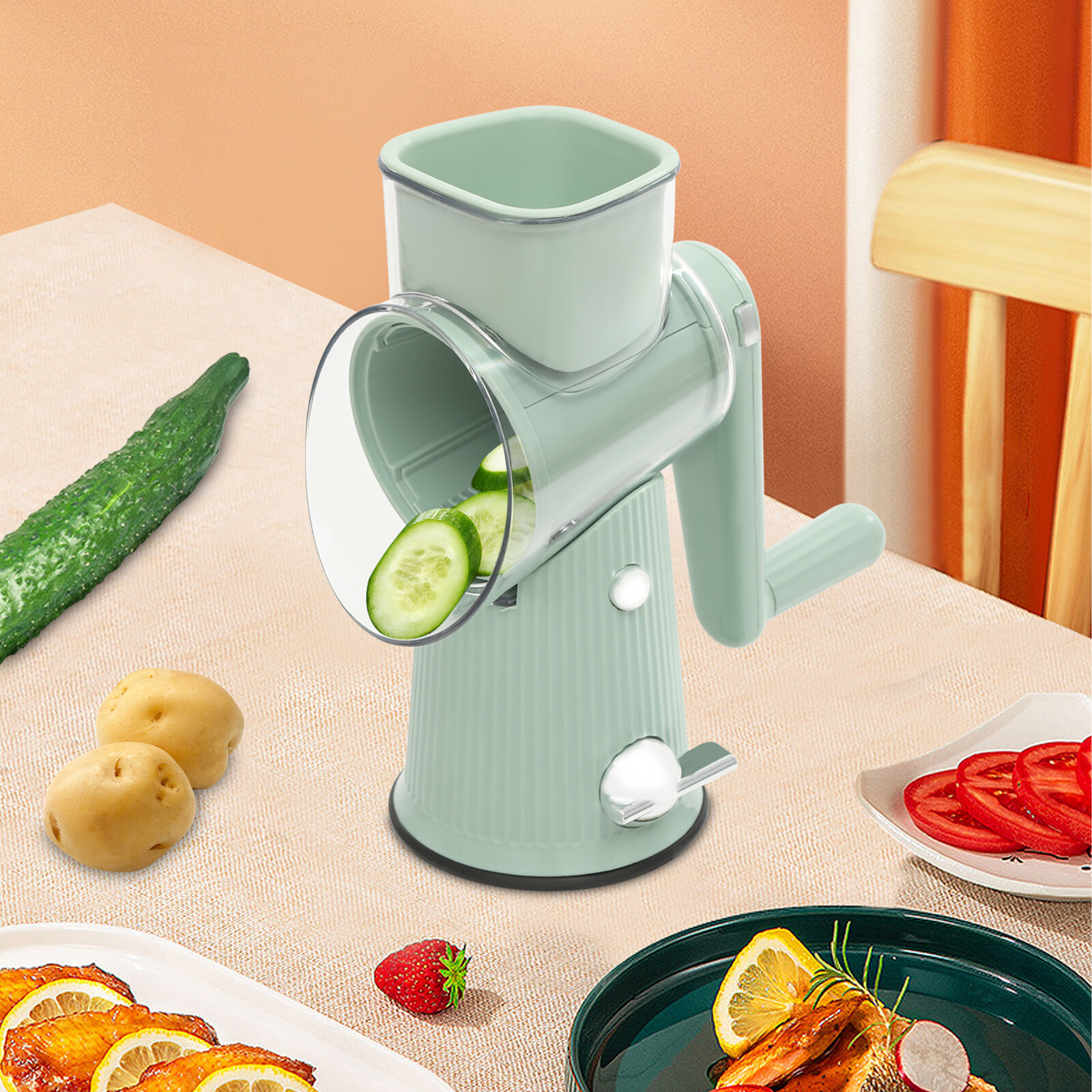 3 In 1 Vegetable Fruit Slicer Cutter Shredder Food Manual Rotary Grater Chopper