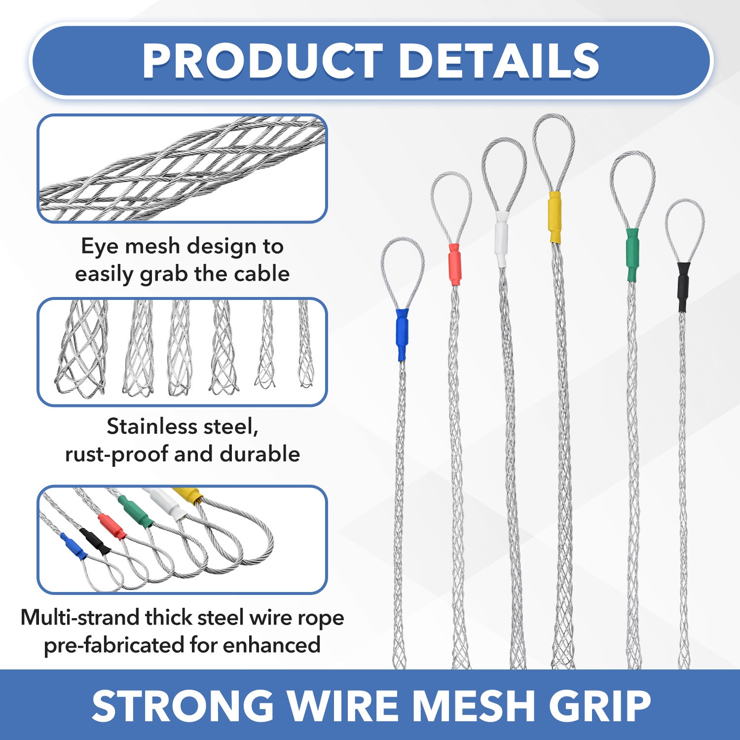 6 Pcs Cable Puller Socks 4-25 mm Cable Pulling Sock Grip Kit Eye Mesh Wire Grip