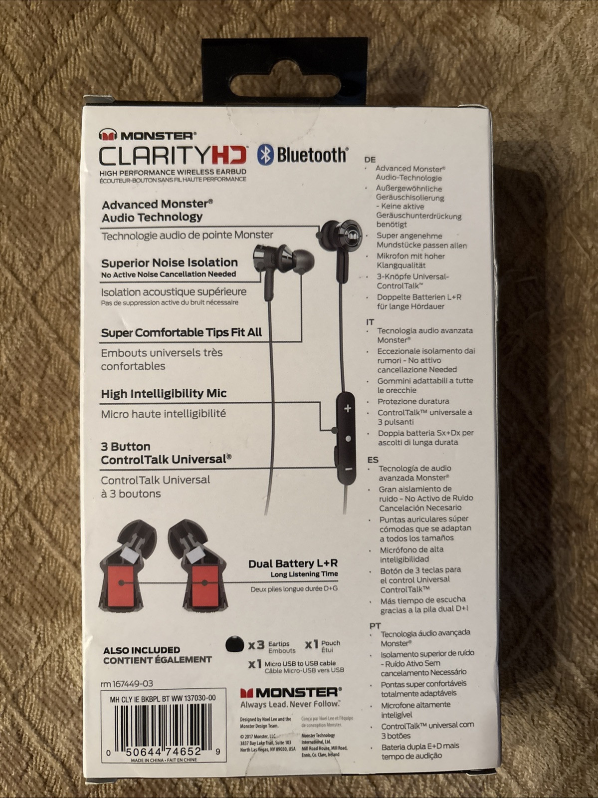 Monster Clarity HD Bluetooth High Performance Wireless Earbuds - Black - NIB