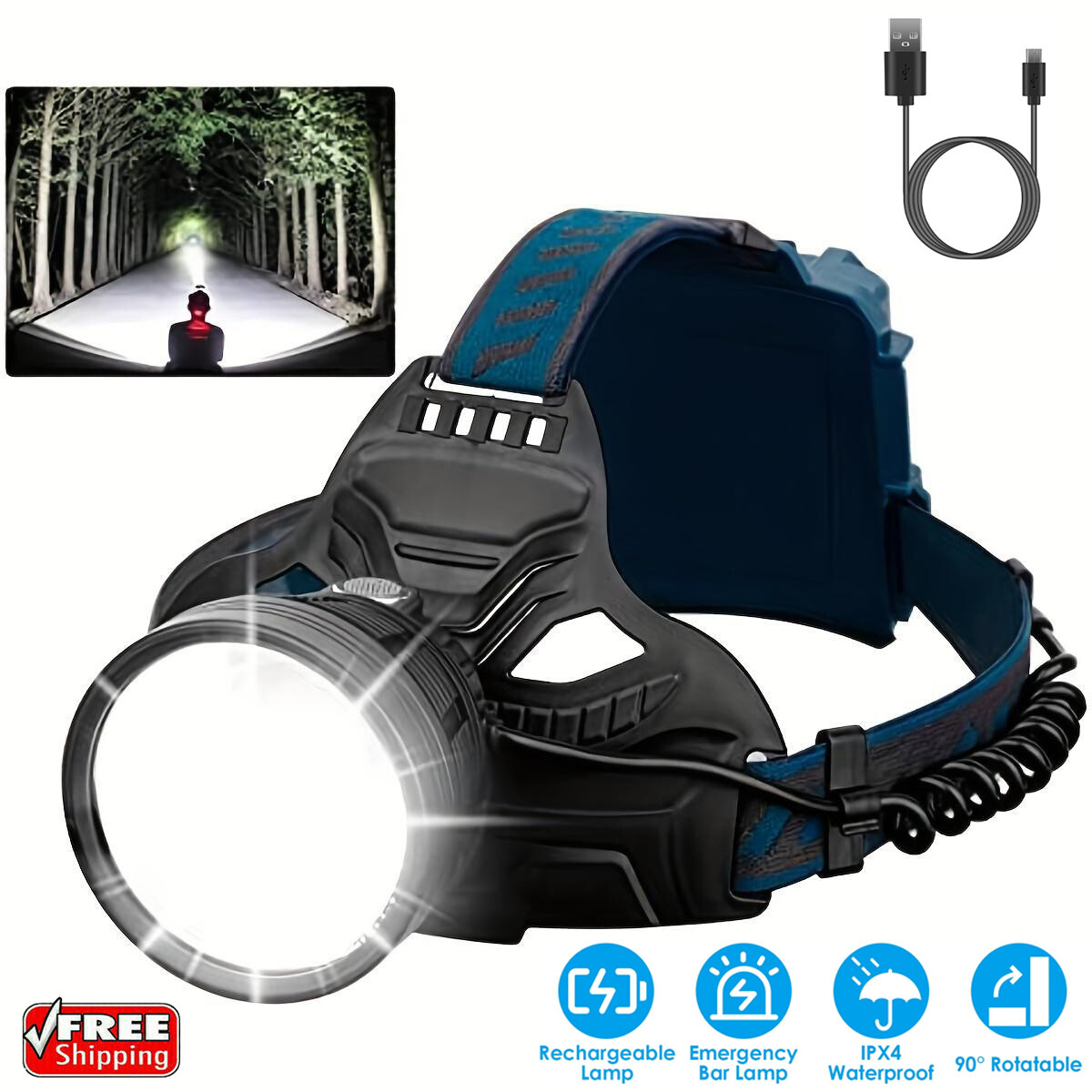 Super Bright LED Headlamp USB Rechargeable Work Light Outdoor Camping Head Torch