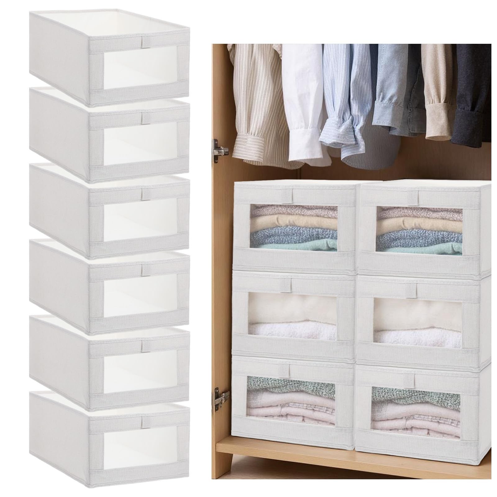Foldable Linen Closet Organizers Clear Window Storage Bins Beige 6 PCS