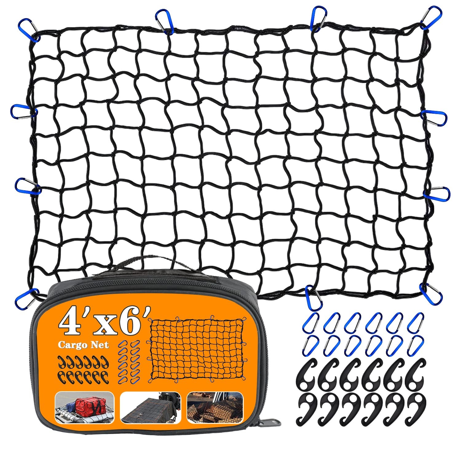 4’x6’ Truck Cargo Net Expands to 8' x 12' with 4"x4" Mesh Grid 4’x6’, Black