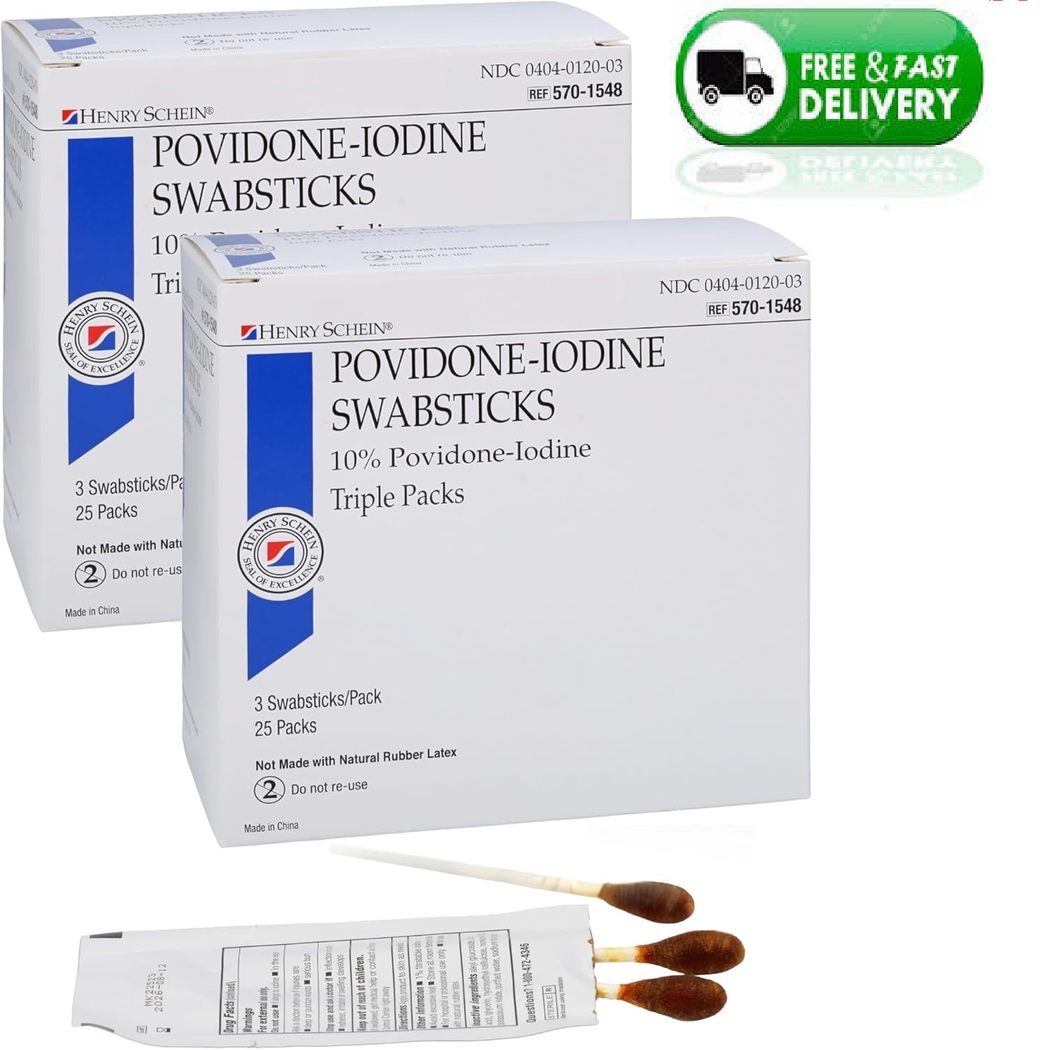 Henry Schein Prep Povidone-Iodine Swabsticks 3's, Individually Packed, Sterile,