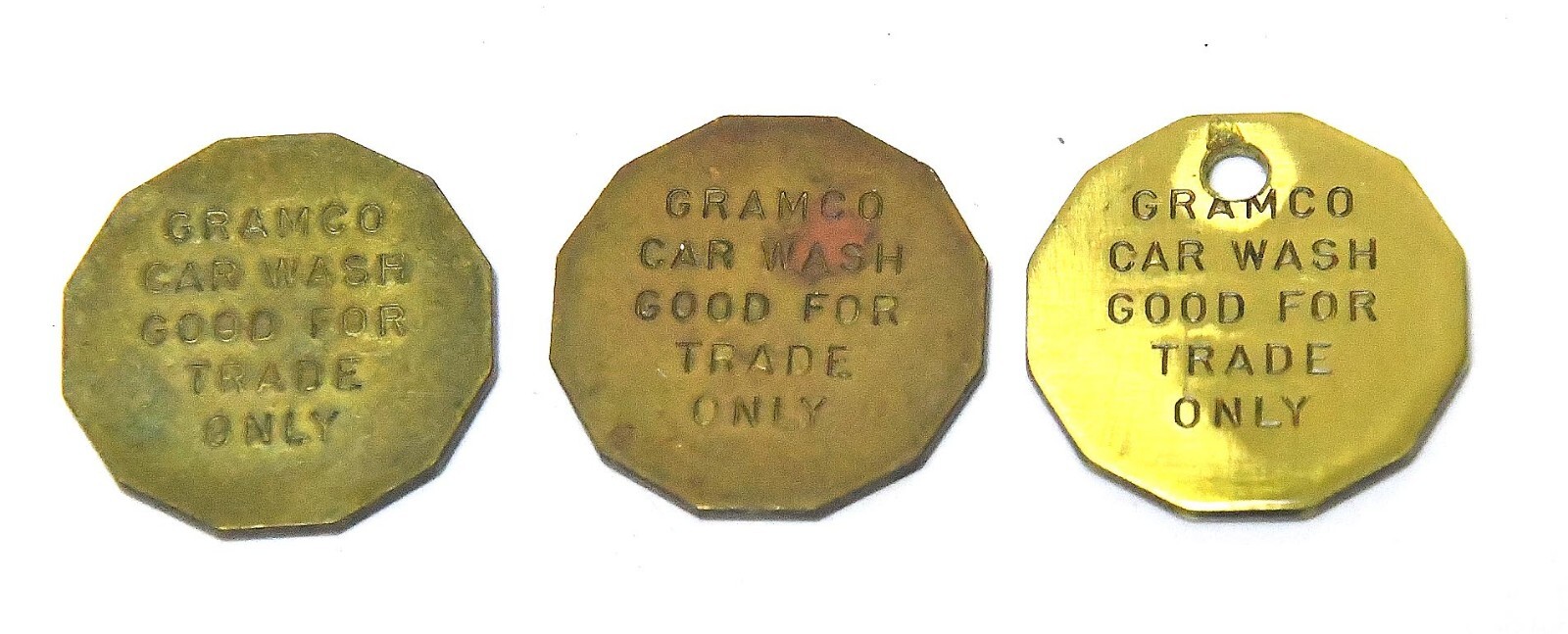 3 VINTAGE BRASS GRAMCO BRASS CAR WASH TOKEN