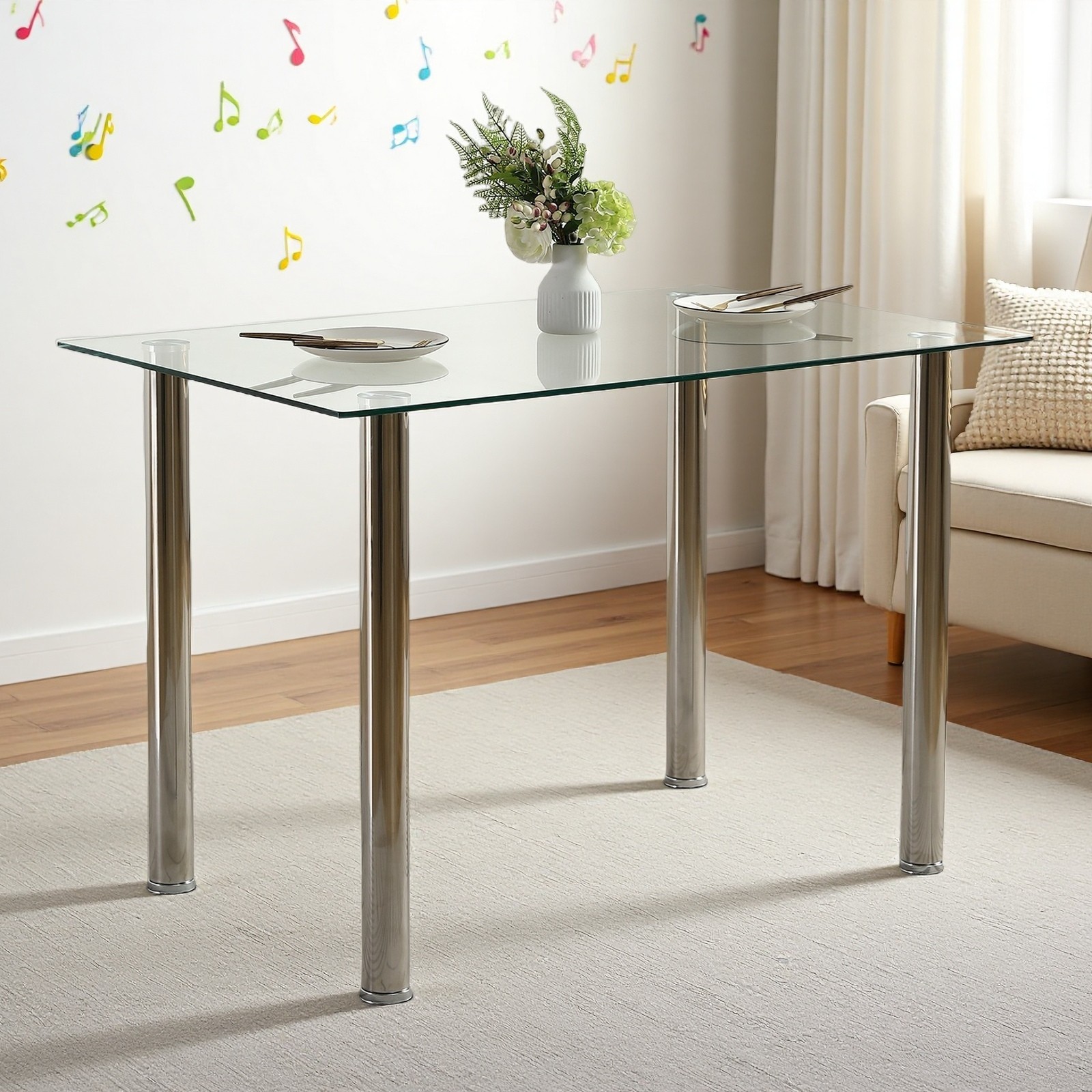 Glass Dining Table - 4 Seater Tempered Clear Glass 43.3" Rectangle Kitchen Desk